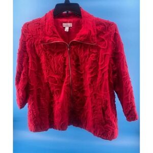 Susan Graver Zip Up Red Embroidered Flower Jacket Women Large